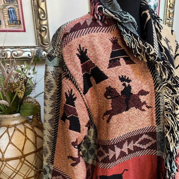 WRAPPER VINTAGE NATIVE WESTERN TAPESTRY FRINGE WRAP BLANKET COAT JACKET SIZE OS - Picture 6 of 15